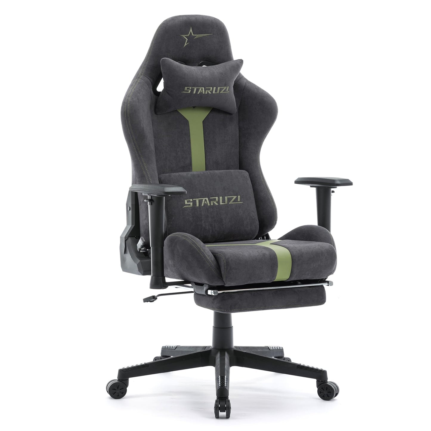 STARUZI Gaming Stuhl aus Wildlederimitat Stoff, Ergonomischer PC Stuhl, Gamer Stuhl mit Fußstütze, Atmungsaktiver Game Drehsessel mit Verstellbare Armlehne, Grau-Grün