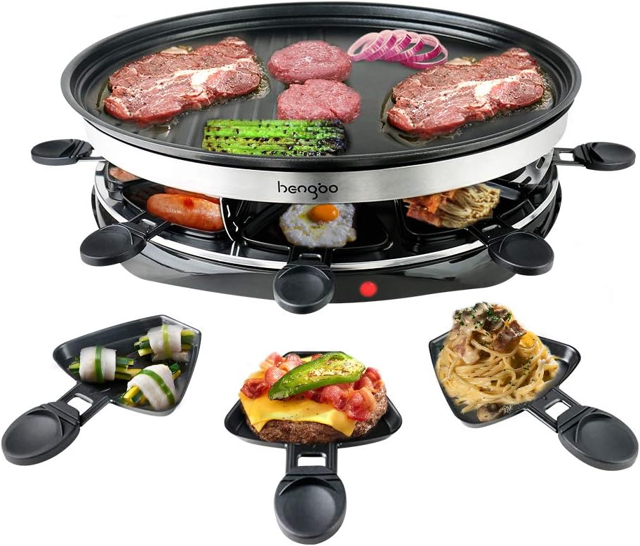 Raclette 8 Personen -Grillplatte mit Antihaftbeschichtung, Temperaturregulierung,Ideal für Indoor-Grillen|Inkl. 8 Raclette-Pfännchen &Holzspachtel|Schnellaufheizend & Spülmaschinengeeignet (Ø40cm)