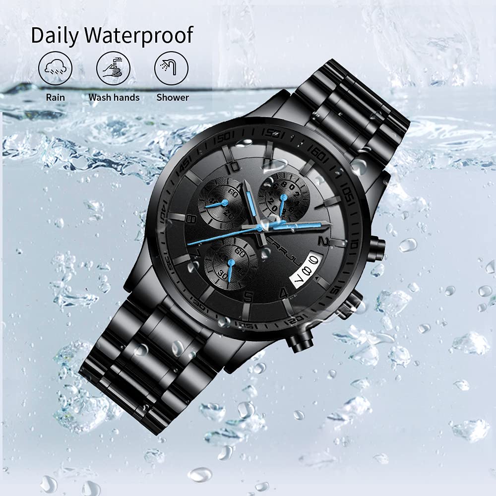 CRRJU Herren Uhr Business Edelstahl wasserdichte Chronographen mit Kalender Armbanduhr Edelstahlband Stoppuhr Analog Quarzuhr