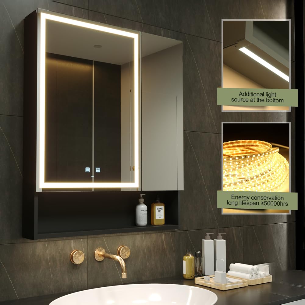 KWW LED Beleuchtetes Badezimmer Medizin Kabinett mit Spiegel, Farbtemperatur Einstellbar, Anti-Nebel Dimmbare Lichter, Steckdosen für USBs (80 x 70 cm)