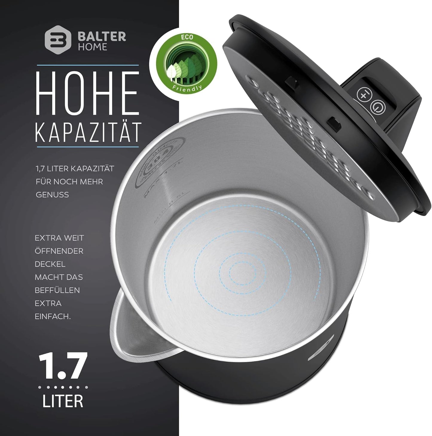 Balter Wasserkocher Edelstahl WK-4, 1,7 Liter, elektrischer Wasserkocher, Doppelwand Design, BPA frei, LED, Teekocher Kompakt, leise (Schwarz)