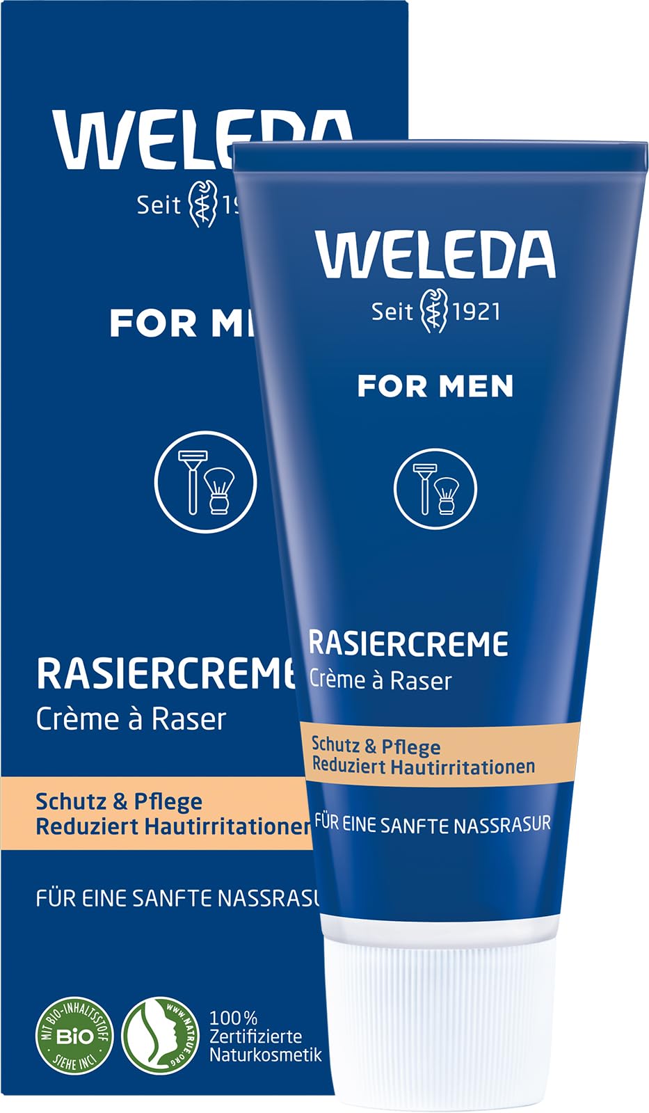 WELEDA Bio FOR MEN Rasiercreme, Naturkosmetik Rasierschaum für die Pflege und den Schutz der Haut bei Nassrasuren, sanfter Schaum für eine schonende Rasur für Männer (1 x 75 ml)