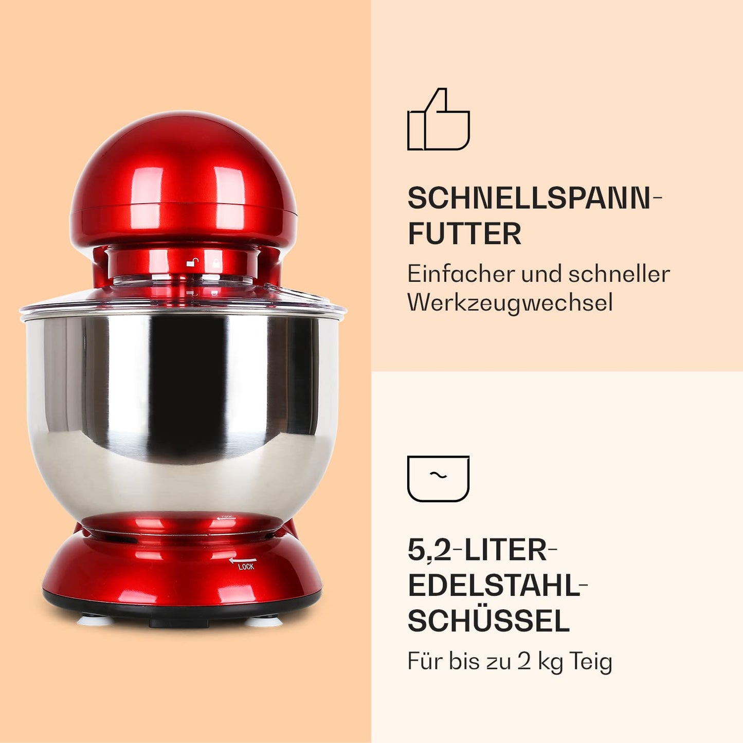 Klarstein Küchenmaschine, Knetmaschine mit 5L Schüssel, 1800W Profi Küchenmaschine mit Knethaken und Schneebesen, Universal Küchenmaschine mit 6 Stufen, Teigmaschine zum Rühren, Kneten und Aufschlagen