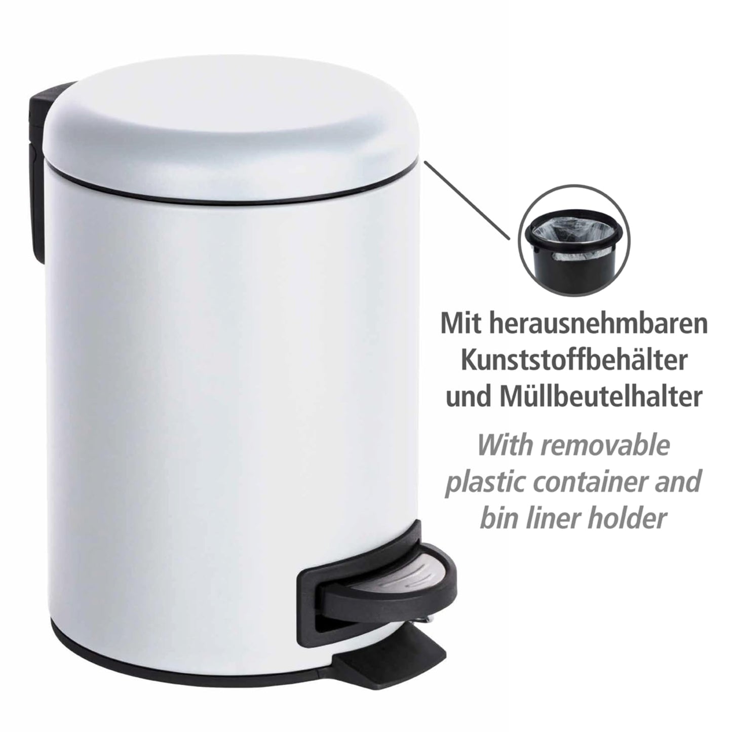 WENKO Treteimer Mod. Leman 3 Liter mit herausnehmbarem Einsatz aus lackiertem Stahl ideal für Badezimmer oder Küche 17 x 25 x 22,5 cm Schwarz matt