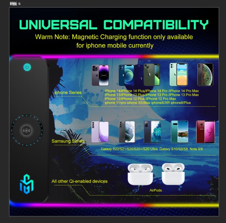 RGB Gaming Mauspad 15W Qi Mousepad LED, 10 Beleuchtungsmodi mit 15W Schnellladung Qi Kabelloses Laden für I-Phone Handy, Kopfhörer, Wasserdicht, rutschfest für Gaming, Schreibtische, PC und Büro