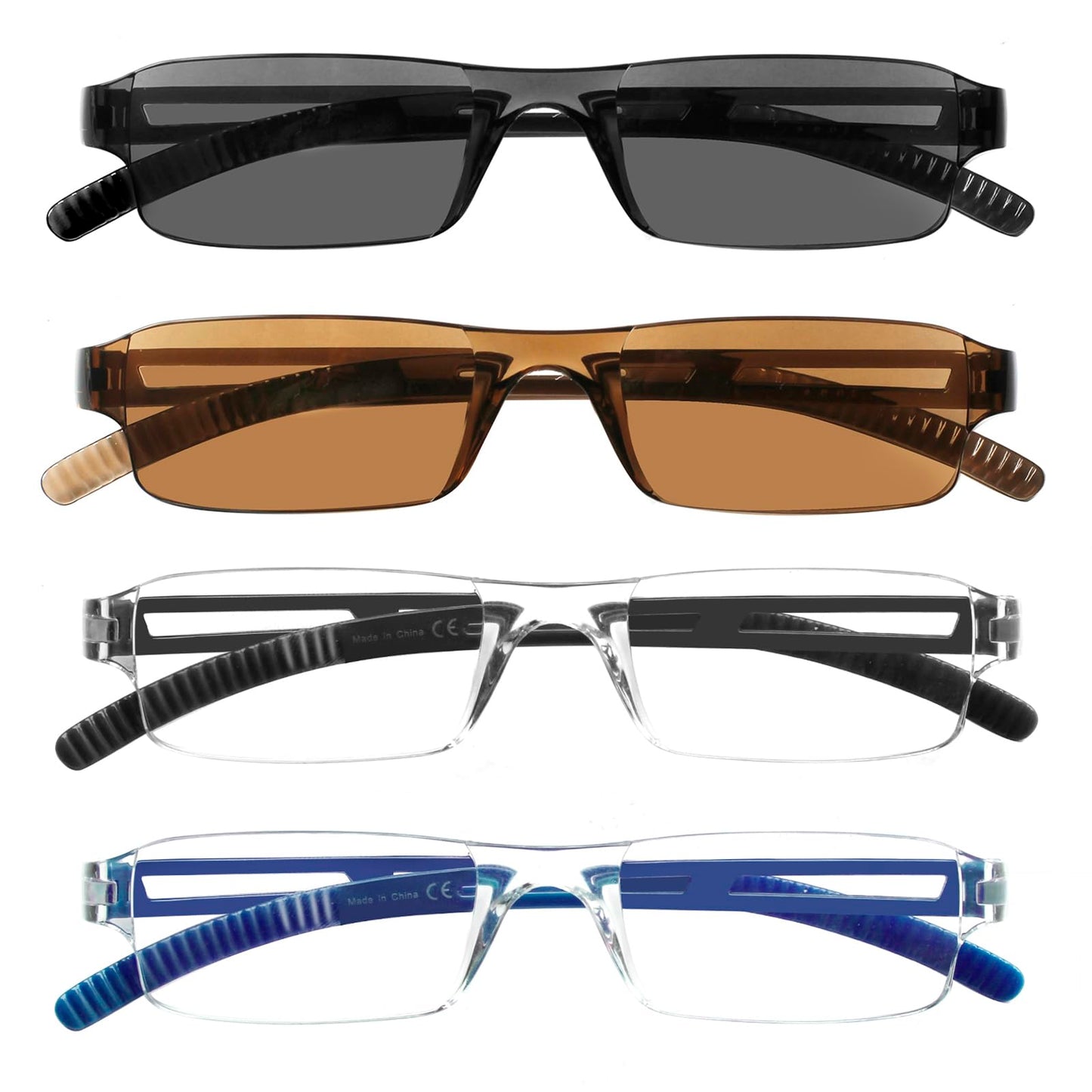COJWIS Pack of 4 Frameless Reading Glasses for Men and Women, Lightweight and Comfortable, Anti Blue Light Reading Aid / TR90 Glasses (4 Colour Mixing, 2.00, Multiplier_x)