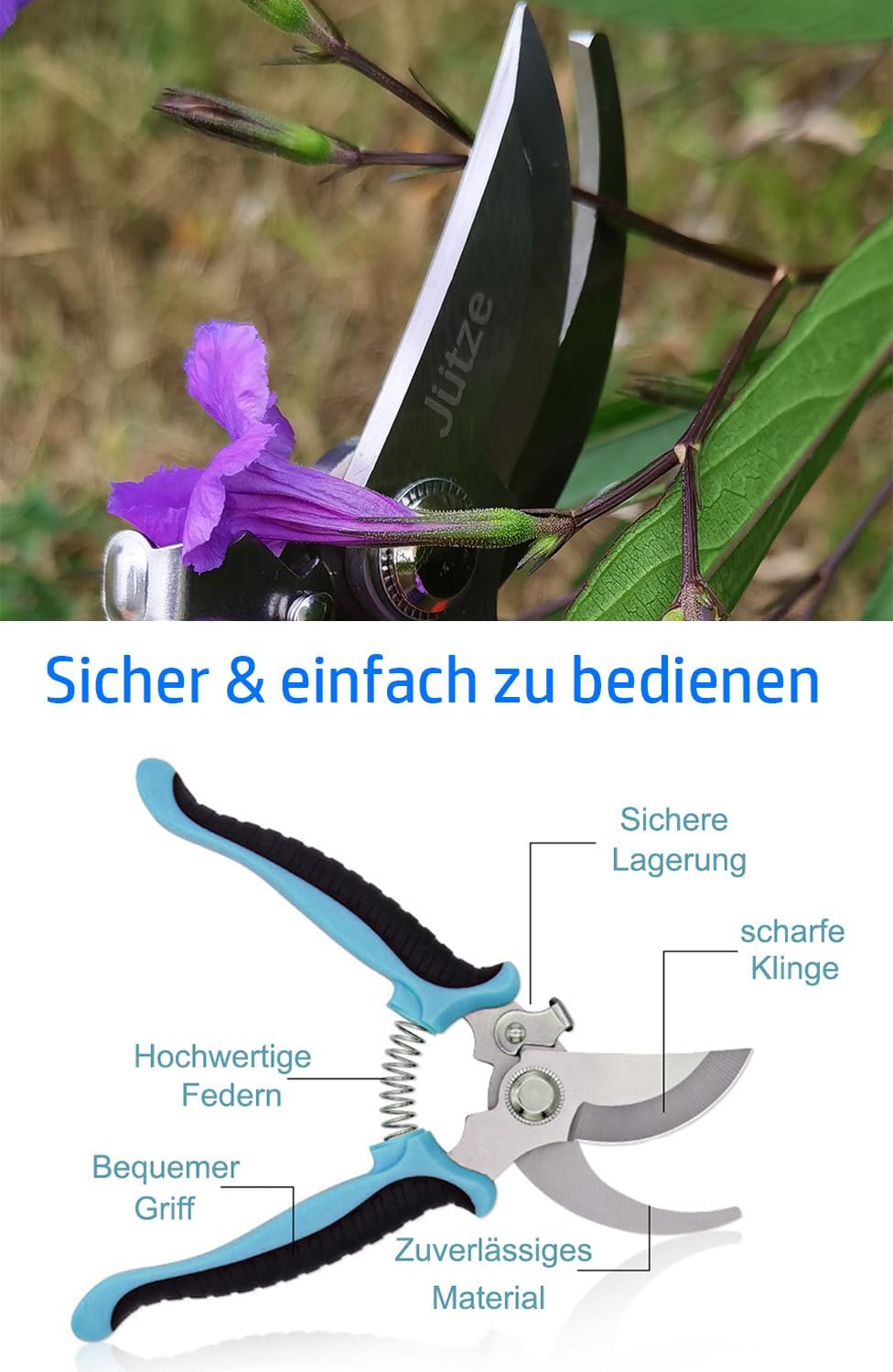 Jütze® Gartenschere für Sträucher und Blumen mit Rutschfester Griff & Edelstahl-Klinge, Leicht & Ergonomisch Rosenschere, Sicher mit Klingensperre, Beidhändig bedienbar, Länge 19cm