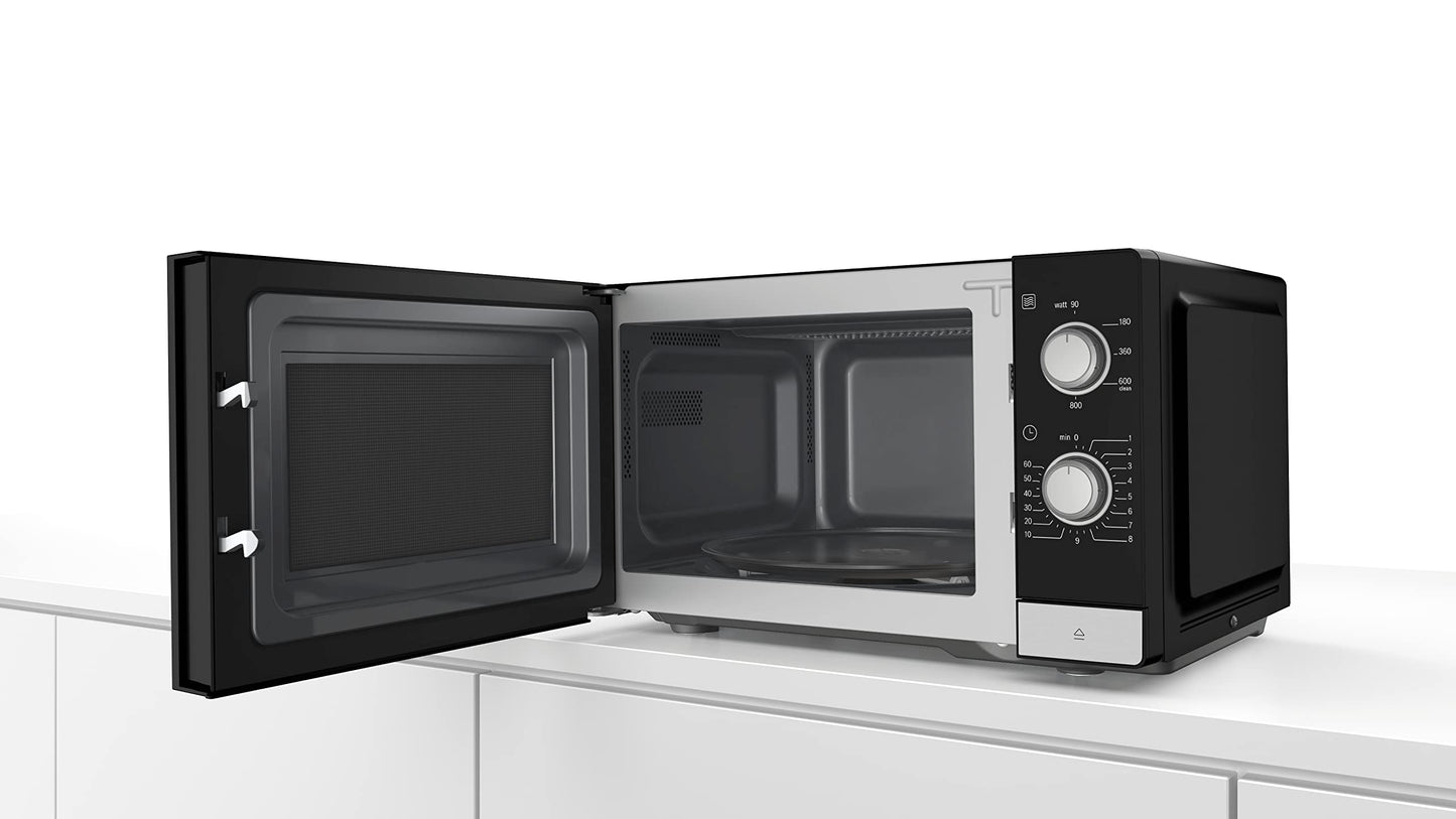 Bosch FFL023MS2 Serie 2 Mikrowelle, 26 x 44 cm, 800 W, Drehteller 27 cm, Türanschlag Links, AutoPilot 7 7 Automatikprogramme, Reinigungsunterstützung, LED-Touchdisplay, Edelstahl