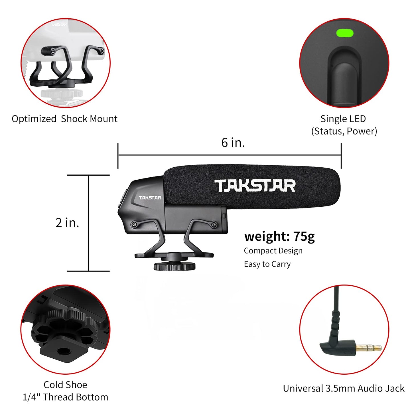 Takstar Interview Shotgun Mikrofone for Smartphone, 3,5mm Super-Kardioid Kondensor Video Kamera Mikrofon für Vlog, Video, Studio, DSLR, Camera, Camcorder, Aufnahmen, Podcasting (SGC-600)
