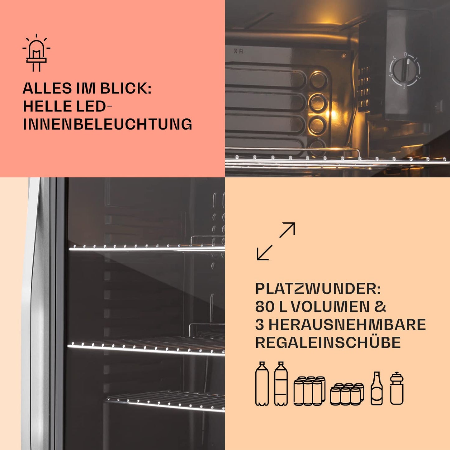 Klarstein Mini Fridge with Glass Door, Mini, for Room, Drinks Fridge Small with Adjustable Shelves, with Waveform Racks, 60 Liter Refrigerator Quiet