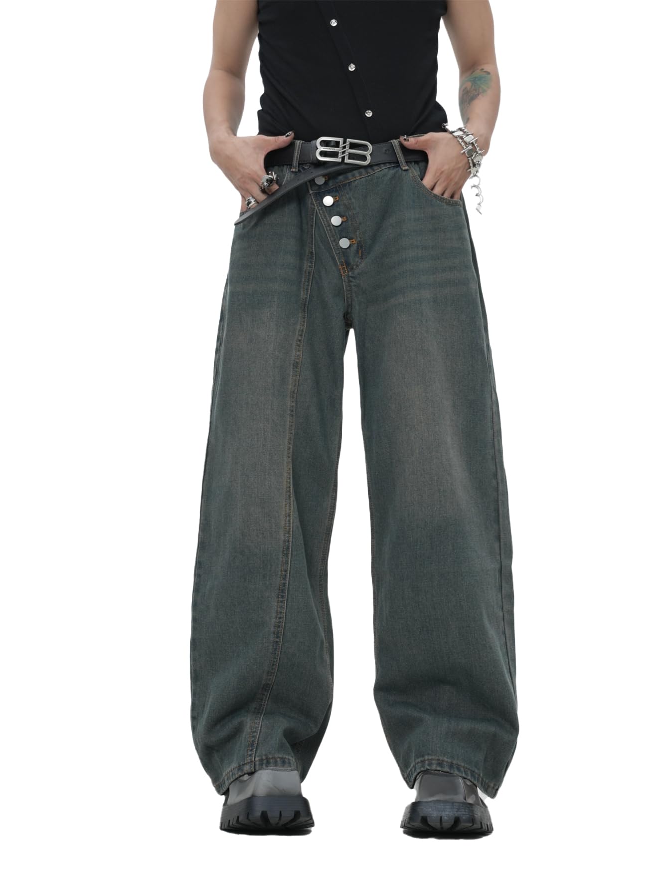 Zewool Men’s Diagonal Button Baggy Jeans