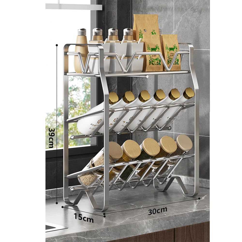 Esmberry - Gewürzregal Stehend L30xW15xH27 cm, Edelstahl, Montagefrei, Küchenregal Stehend, Gewürzregale, Kitchen Shelf Organizer
