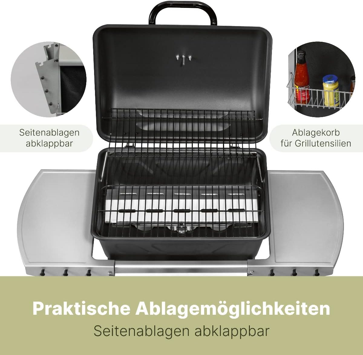 Clatronic® Gasgrill mit 2 Heizzonen | individuelle Temperatursteuerung | inkl. Grillrost + Warmhalterost | Grill mit praktischem Ablagekorb und großem Stauraum für Gasflasche | GG 3590