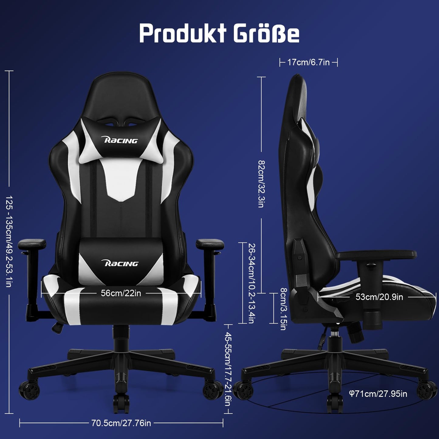 Homimaster Gaming Chair, Ergonomic Office Chair with Adjustable Lumbar Cushion, Head Cushion and Armrests, Padded Gaming Chair, Gamer Chair with Rocking Function, Gaming Chair 150 kg Load Capacity