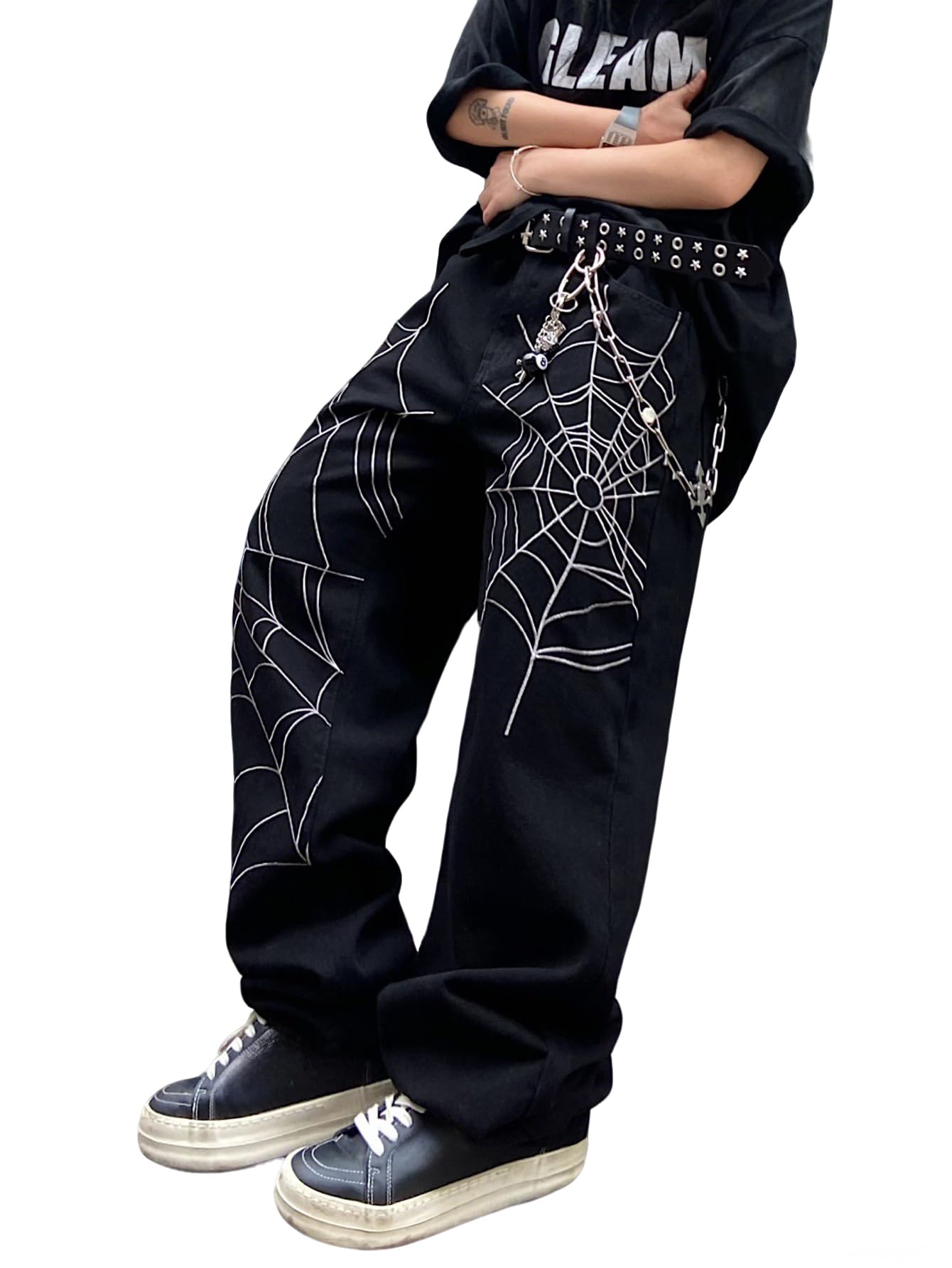 Men’s Baggy Jeans with Spider Web Embroidery