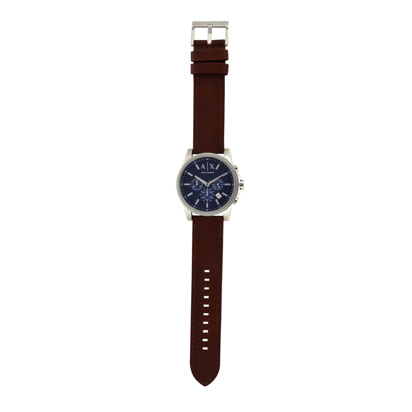 A|X Armani Exchange Stainless Steel Watch with Blue Dial and Brown Leather Strap