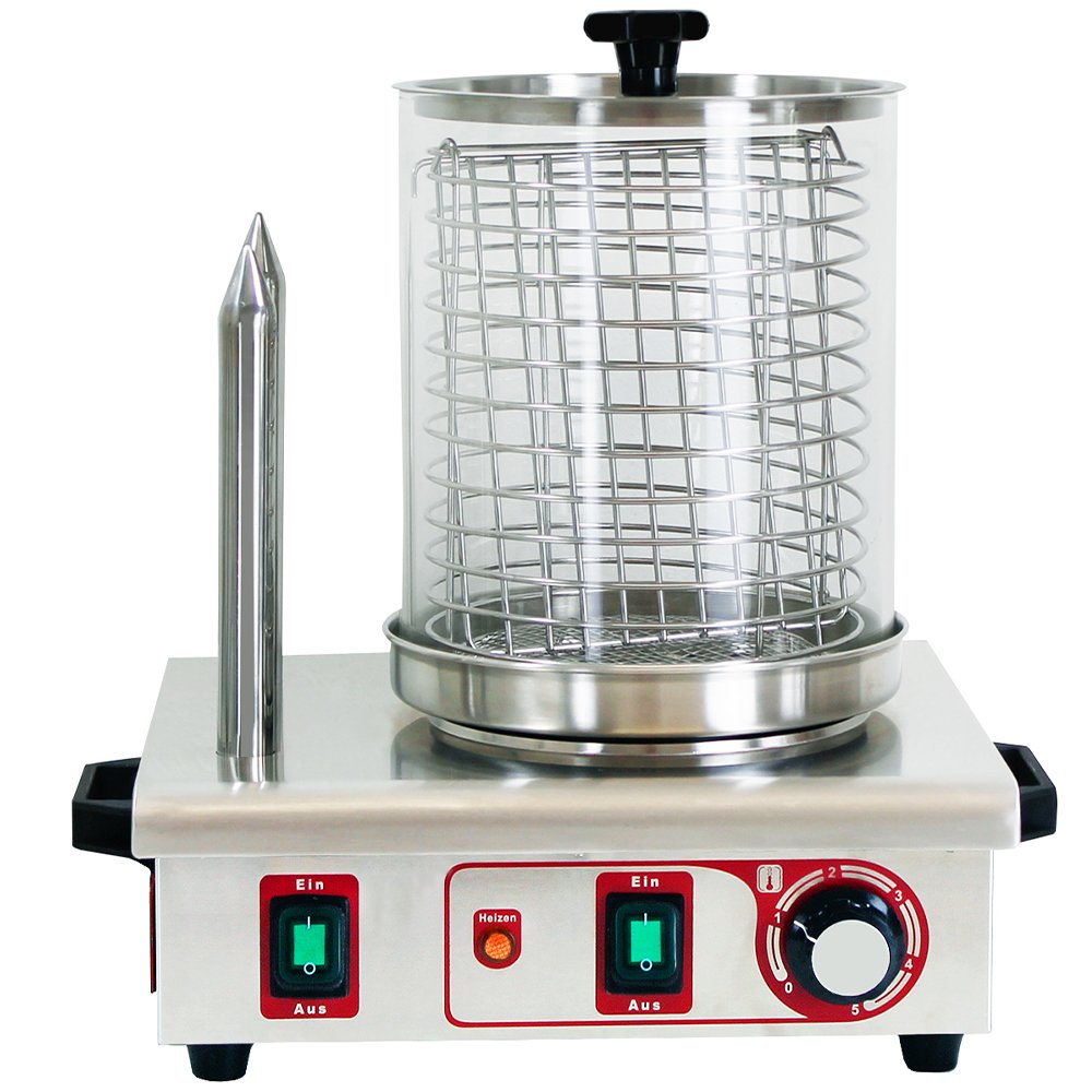 Beeketal 'BHG06b' professional gastro hot dog maker with 2 heating skewers and 140 mm basket diameter, stainless steel hot dog machine for heating sausages and warming up hot dog buns, stainless steel version