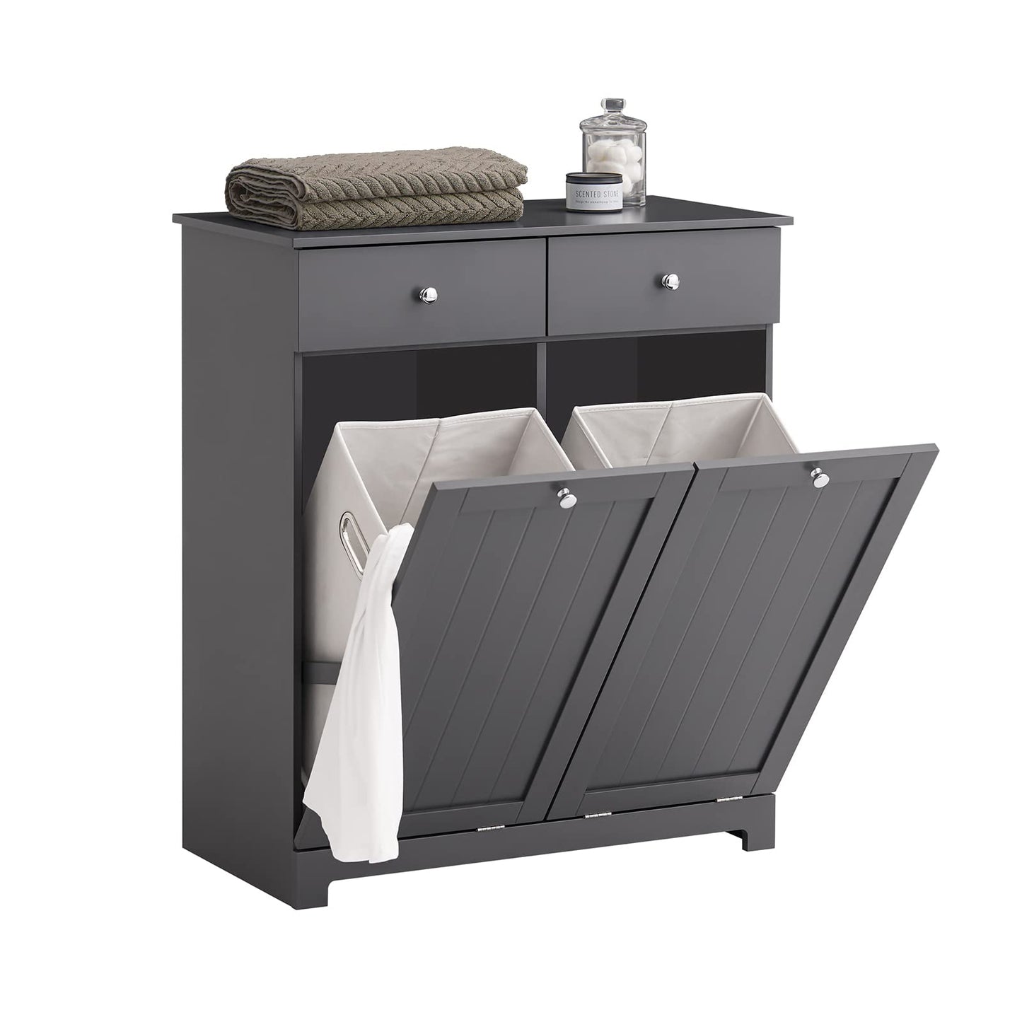 SoBuy Badezimmerschrank mit Wäschekorb Schmaler Badschrank Hoch Badregal Stehend mit 6 Ablagen und 2 Schubladen Wäscheschrank Schmal für Badezimmer Nische Weiß 60x37x171 cm BZR104-W