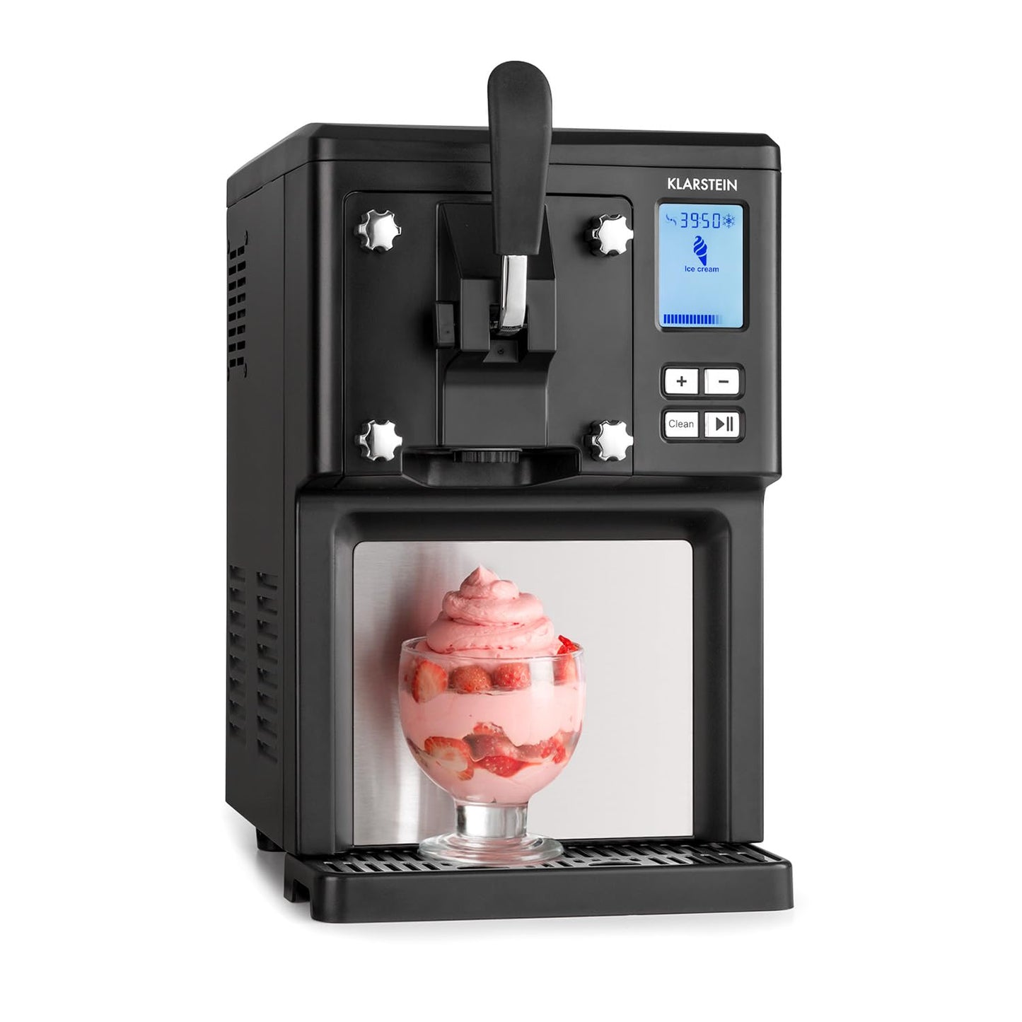 Klarstein Sweet Sundae - Eiscrememaschine, 1,5 Liter, mitselbstkühlendem Kompressor, 200 Watt, Ausgabesystem, 3 StundenAuto-Kühlhaltefunktion, Reinigungsautomatik, Edelstahl, schwarz
