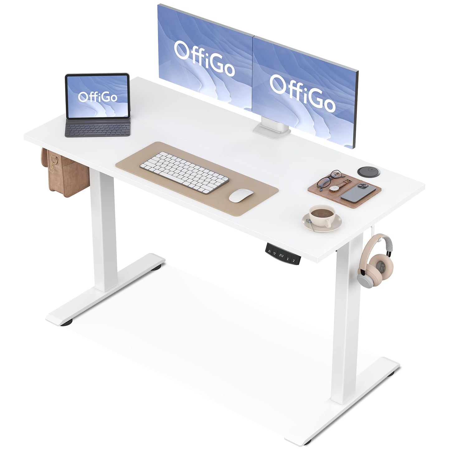 OffiGo Höhenverstellbarer Schreibtisch, 120 cm Elektrischer Schreibtisch, Ergonomischer Tisch mit Memory-Funktion, Gaming Tisch Höhenverstellbar, Moderner Computertisch für Zuhause und Büro, Weiß