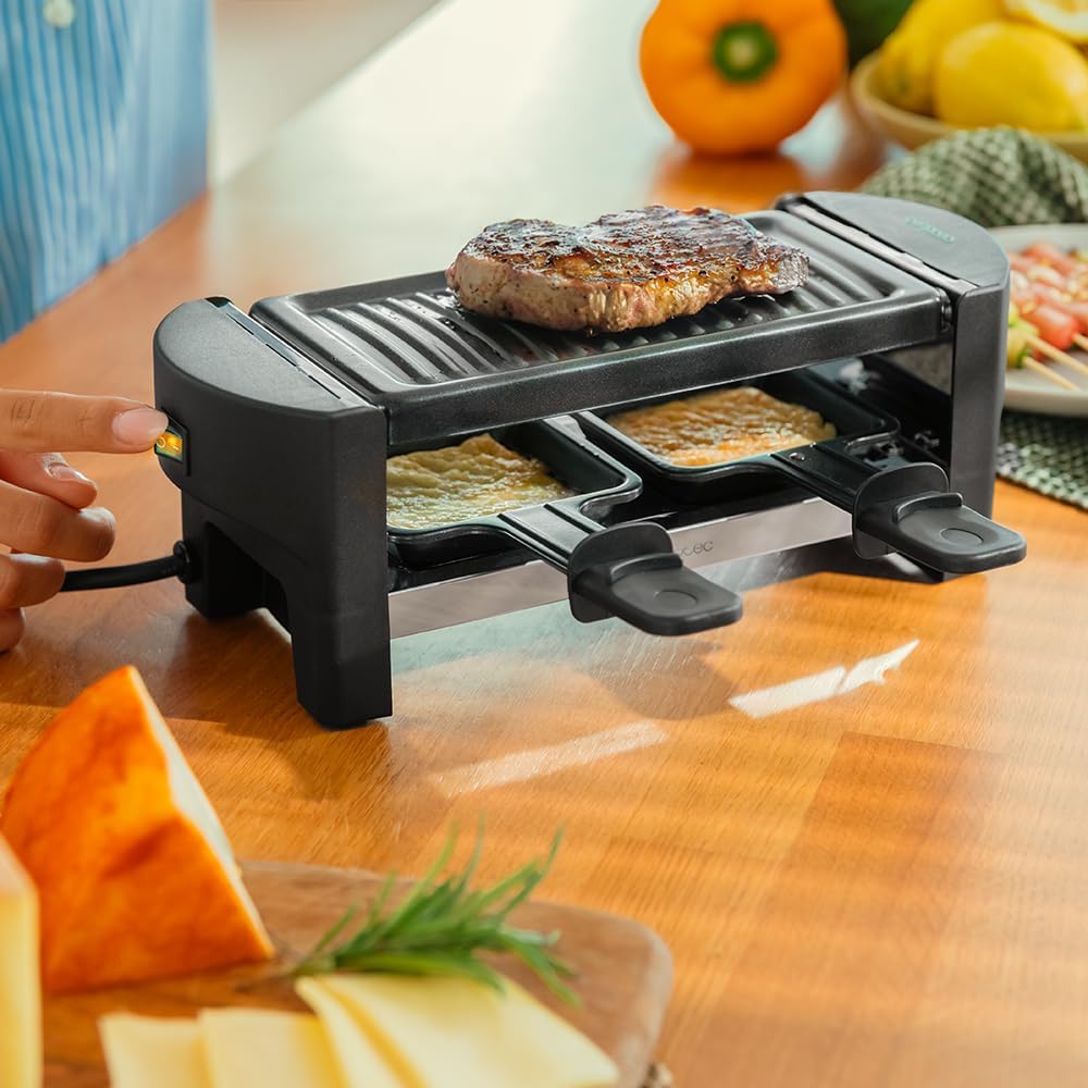 Cecotec Holz Raclette Käse & Grill 8200 Holz Schwarz. 1200 W, Grillfläche, 8 Einzelpfannen, Antihaftplatte, einstellbarer Thermostat, abnehmbares Design (Holz, AllStone)