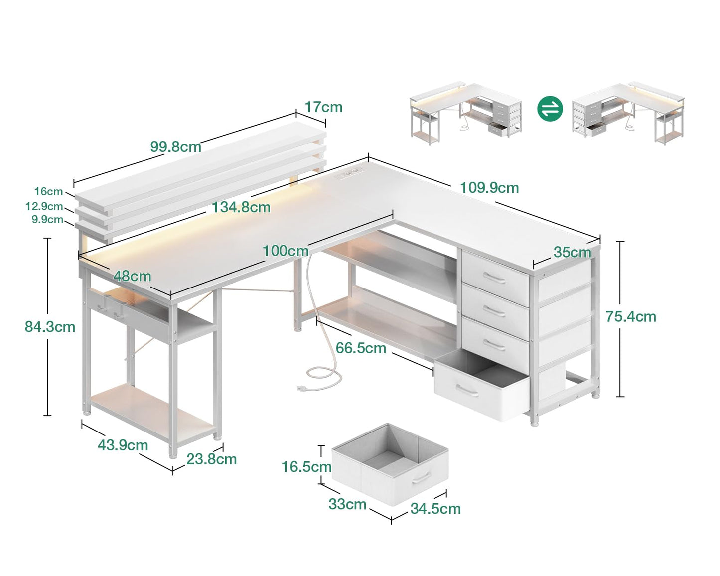 ODK Schreibtisch mit Schubladen, Reversible Eckschreibtisch mit 2 Steckdosen und 2 USB Ladeanschluss, Bürotisch L Form mit LED für Home Office 135×110cm (Schwarz)
