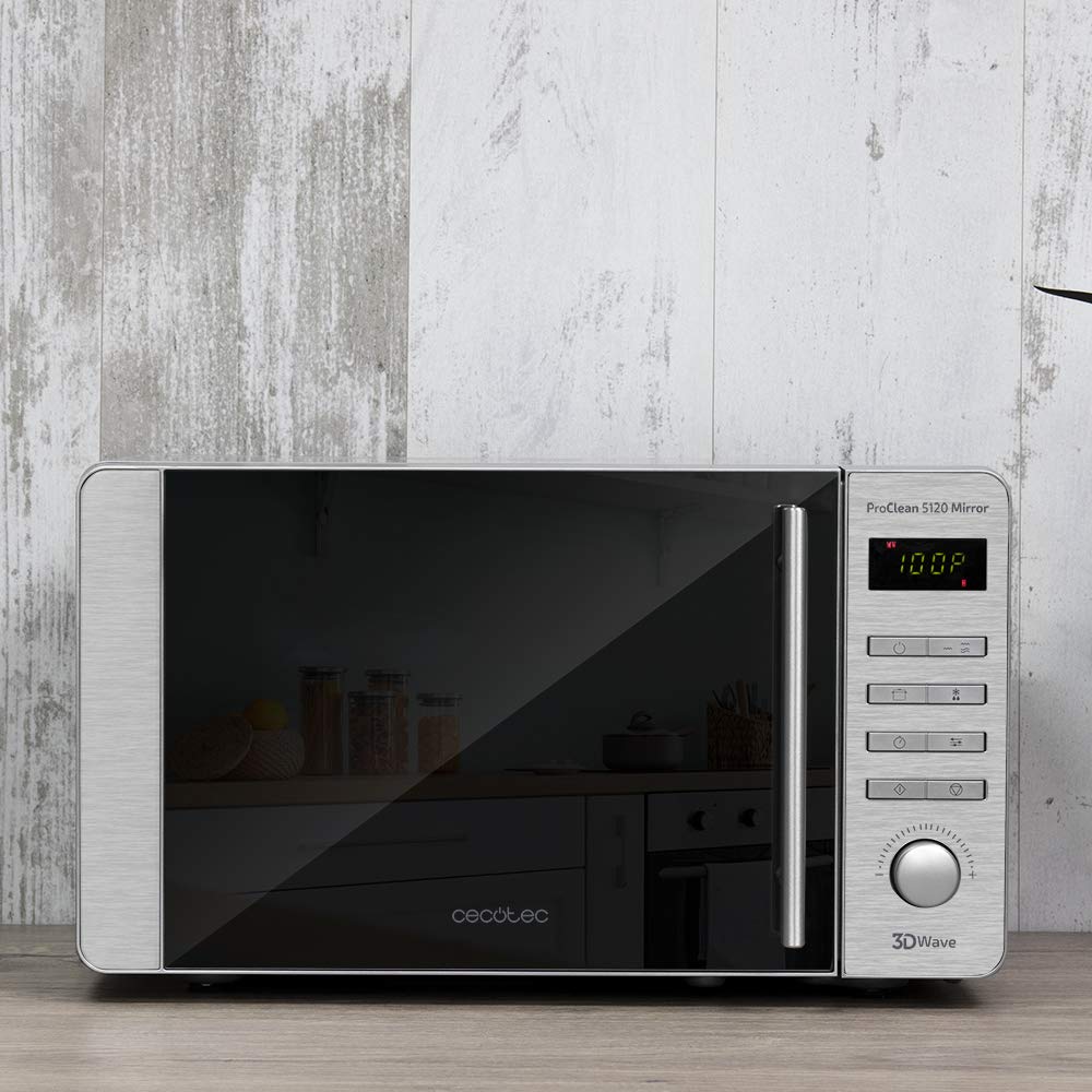 Cecotec Mikrowelle Pro Clean 5110 Inox. 700 W, Grill 800 W, 20 L, Ready 2 Clean, Beschichtung 3D Wave Frontspiegel, 8 Programme,60 Min Timer, LED, Edelstahl In Silber Schwarz