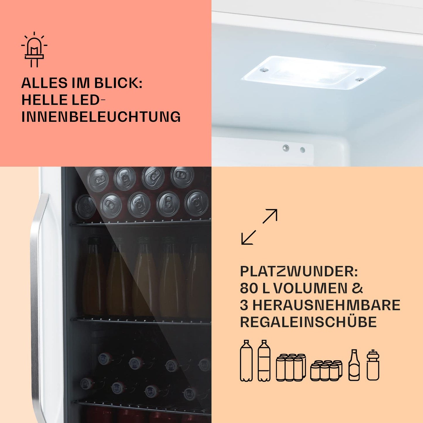 Klarstein Mini Fridge with Glass Door, Mini, for Room, Drinks Fridge Small with Adjustable Shelves, with Waveform Racks, 60 Liter Refrigerator Quiet