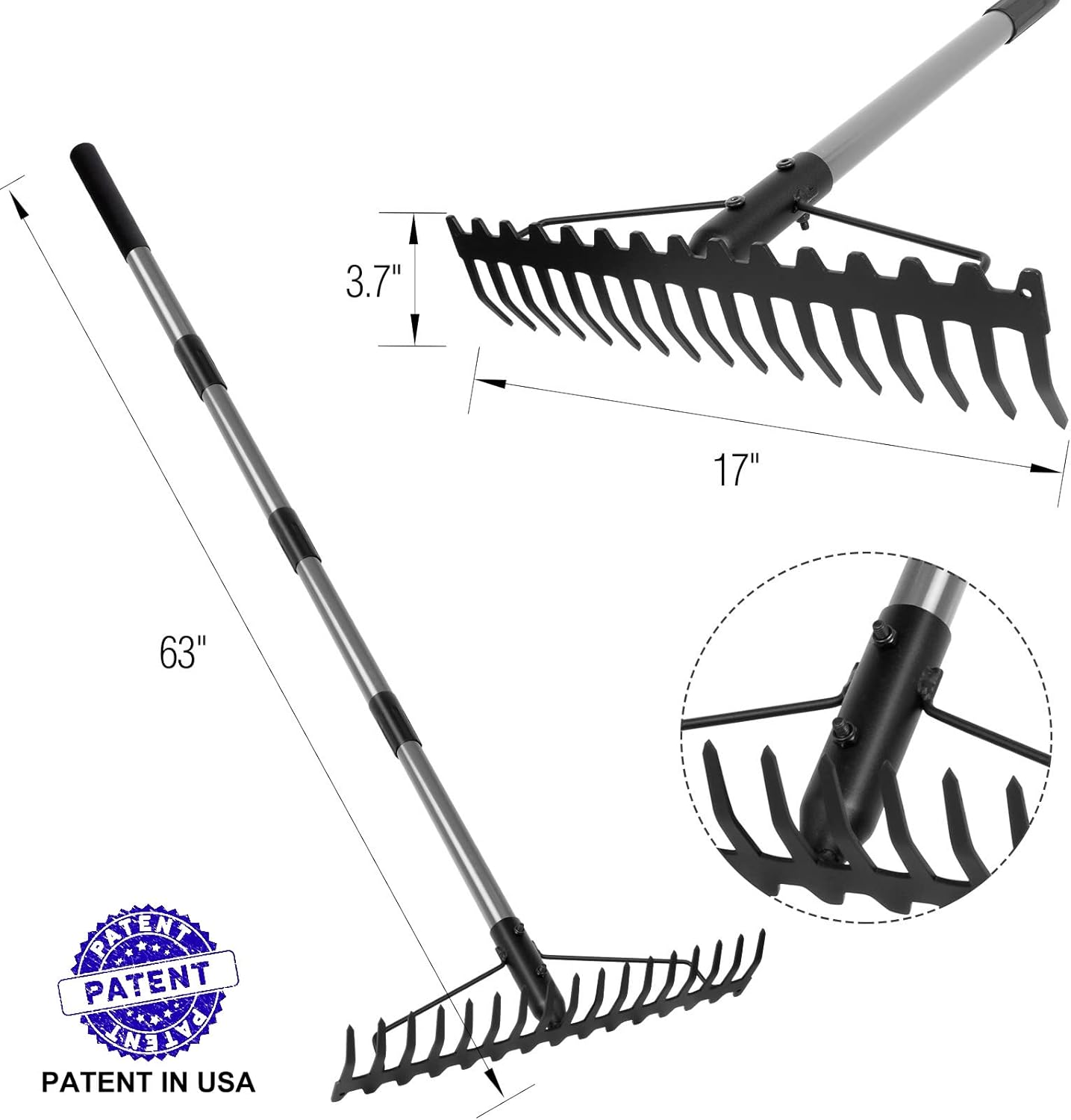 Walensee Garten Rechen, 165cm Metall Rechen , Harke mit 17 Stahlzinken, mit Edelstahlgriff, zum Lockern von Boden und Nivellieren von Rasen,Laubbesen,Rasenrechen, Heurechen für Rasen und Blätter