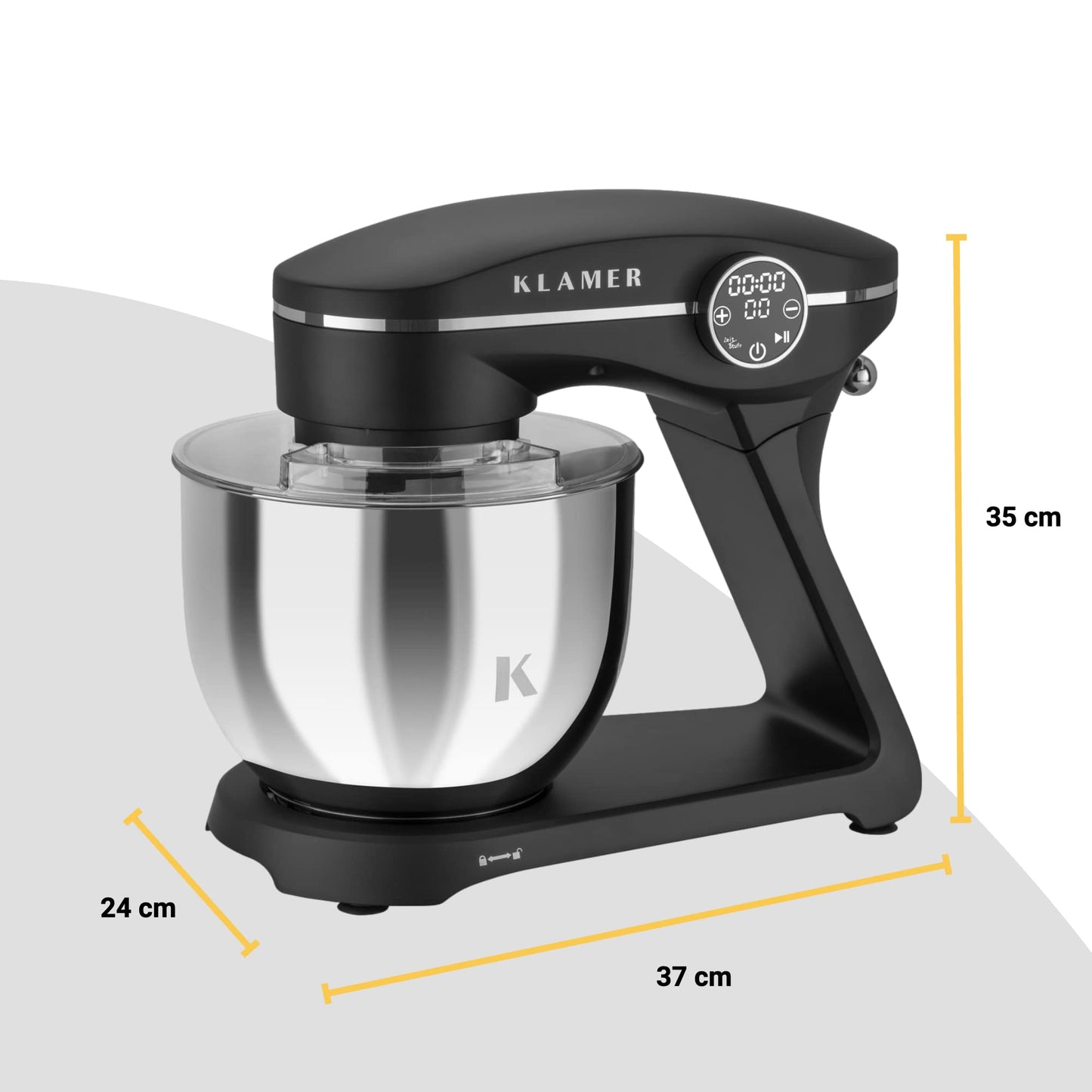 KLAMER Küchenmaschine 1800W, Knetmaschine Brotteig mit Edelstahl-Rührschüssel 6 L, 10 Stufen mit Timer, Planetenrührwerk, Rührbesen, Knethaken, Schneebesen & Sichtdeckel (schwarz)