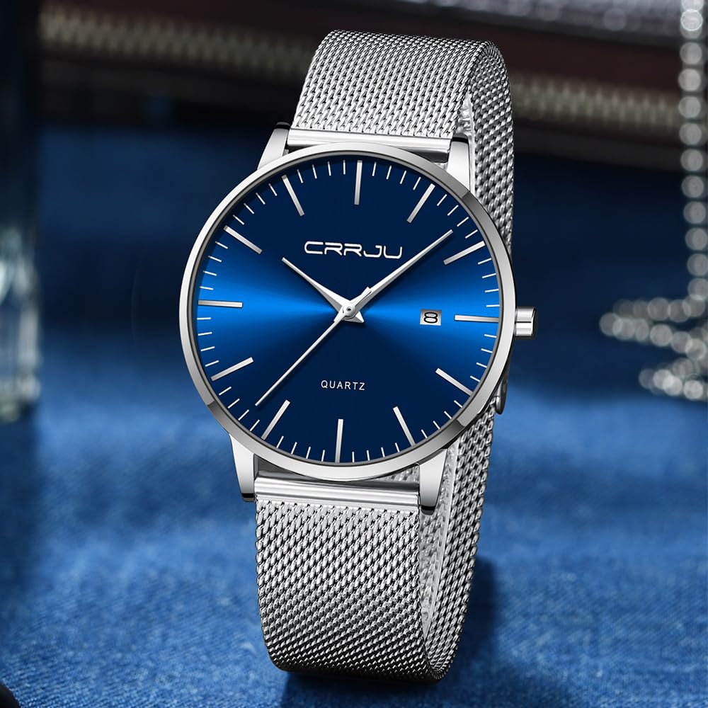 CRRJU Herren Uhr Ultra Dünne Wasserdicht Armbanduhr Herren Mode mit Schwarz Edelstahlband Mesh Analog Quarz Business Männer Uhren