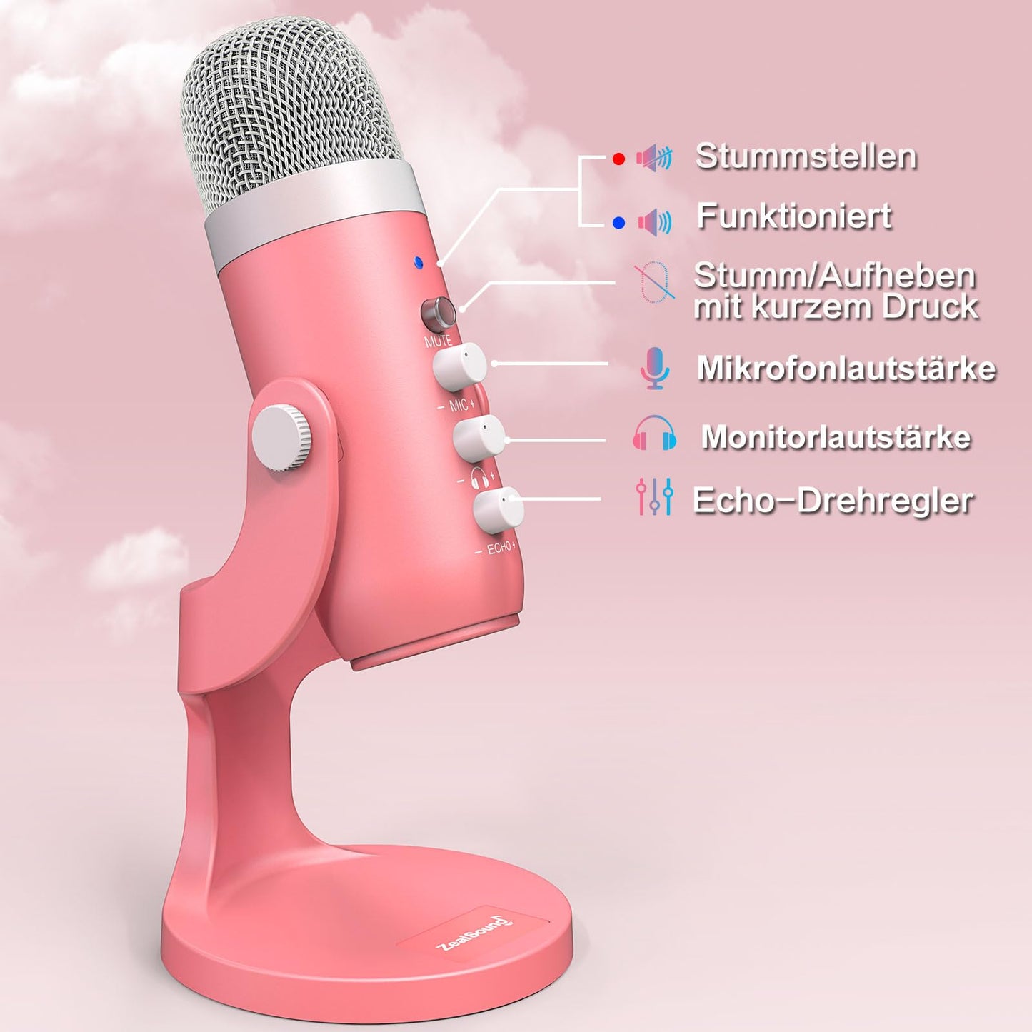 zealsound USB Mikrofon, Kondensator Mikrofon für PC Handy, PS4, PS5, Microphone PC USB C für Gaming, Podcast,Aufnahmen,Streaming,ASMR mit Stumm/Gain/Echo, Adapter für Phone,Kompatibel mit Mac, Winows