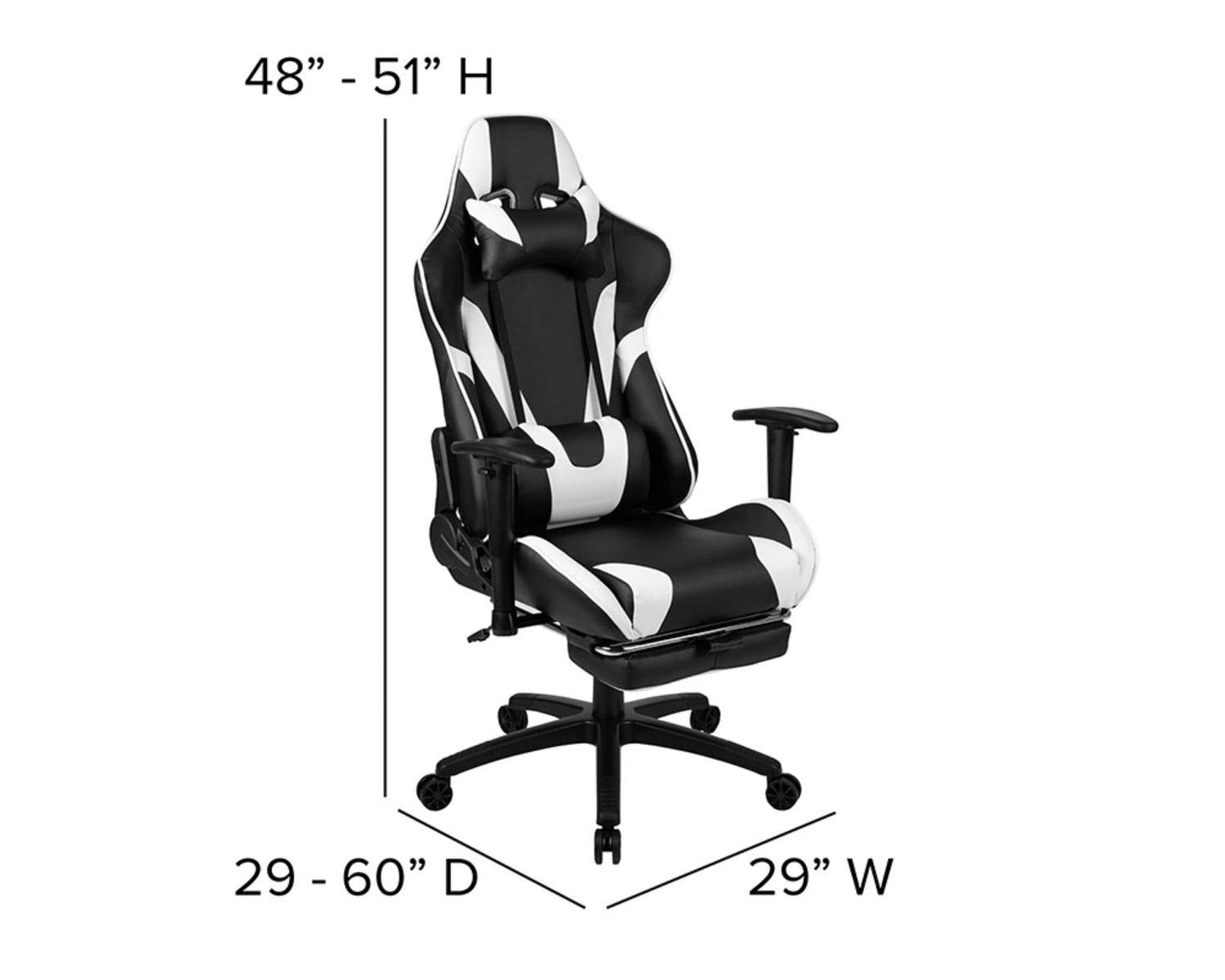 Flash Furniture X30 Gaming-Stuhl, ergonomischer Bürostuhl für PC- und Gaming-Setups, verstellbarer Rennsport-Stuhl mit vollständig verstellbarer Rückenunterstützung, schwarz mit weißer Verzierung