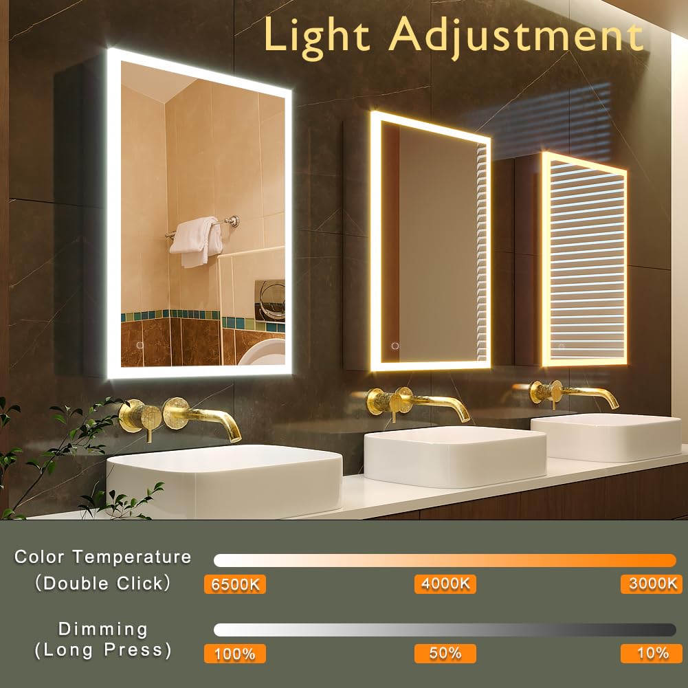KWW LED Beleuchtetes Badezimmer Medizin Kabinett mit Spiegel, Farbtemperatur Einstellbar, Anti-Nebel Dimmbare Lichter, Steckdosen für USBs (80 x 70 cm)