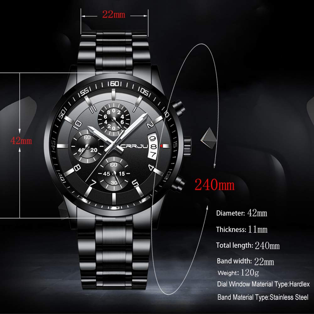 CRRJU Herren Uhr Business Edelstahl wasserdichte Chronographen mit Kalender Armbanduhr Edelstahlband Stoppuhr Analog Quarzuhr