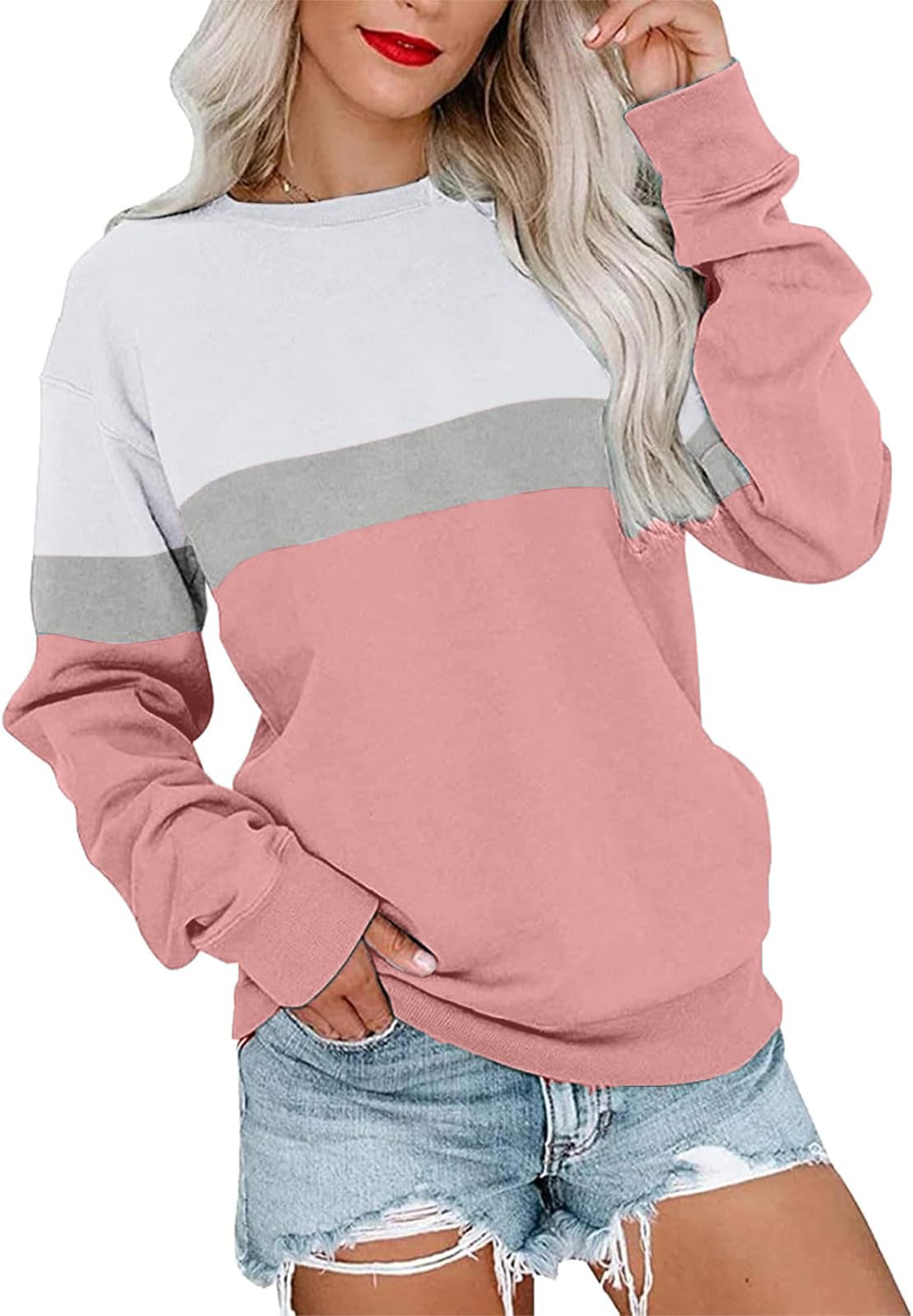 BUHIM Women’s Colorblock Sweatshirt – Casual Crewneck Long Sleeve Pullover