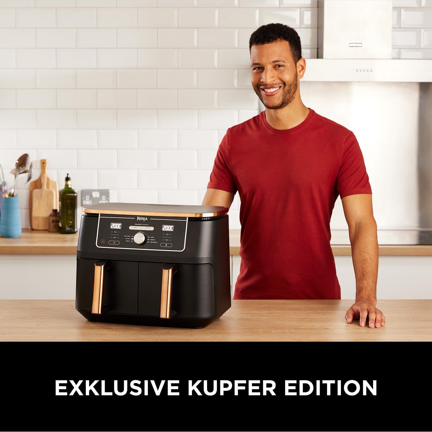 Ninja Foodi MAX Dual Zone Heißluftfritteuse, 9,5L Airfryer, 2 Fächer, mit Zange, Antihaftbeschichtung, spülmaschinenfeste Körbe, 6-in-1, Kupfer/Schwarz