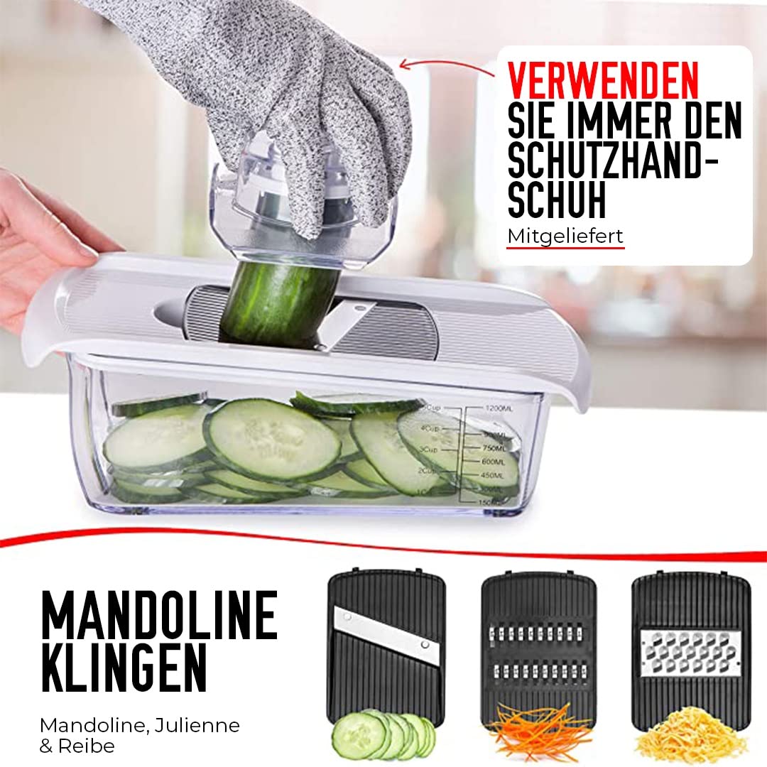 Gemüseschneider Mandoline Gemüsehobel - Gemüse Schneider Gurkenhobel Zwiebelschneider Kartoffelschneider Obstschneider - Reibe für Gemüse und Käse - Julienneschneider (6-in-1 Kompakt Weiß)
