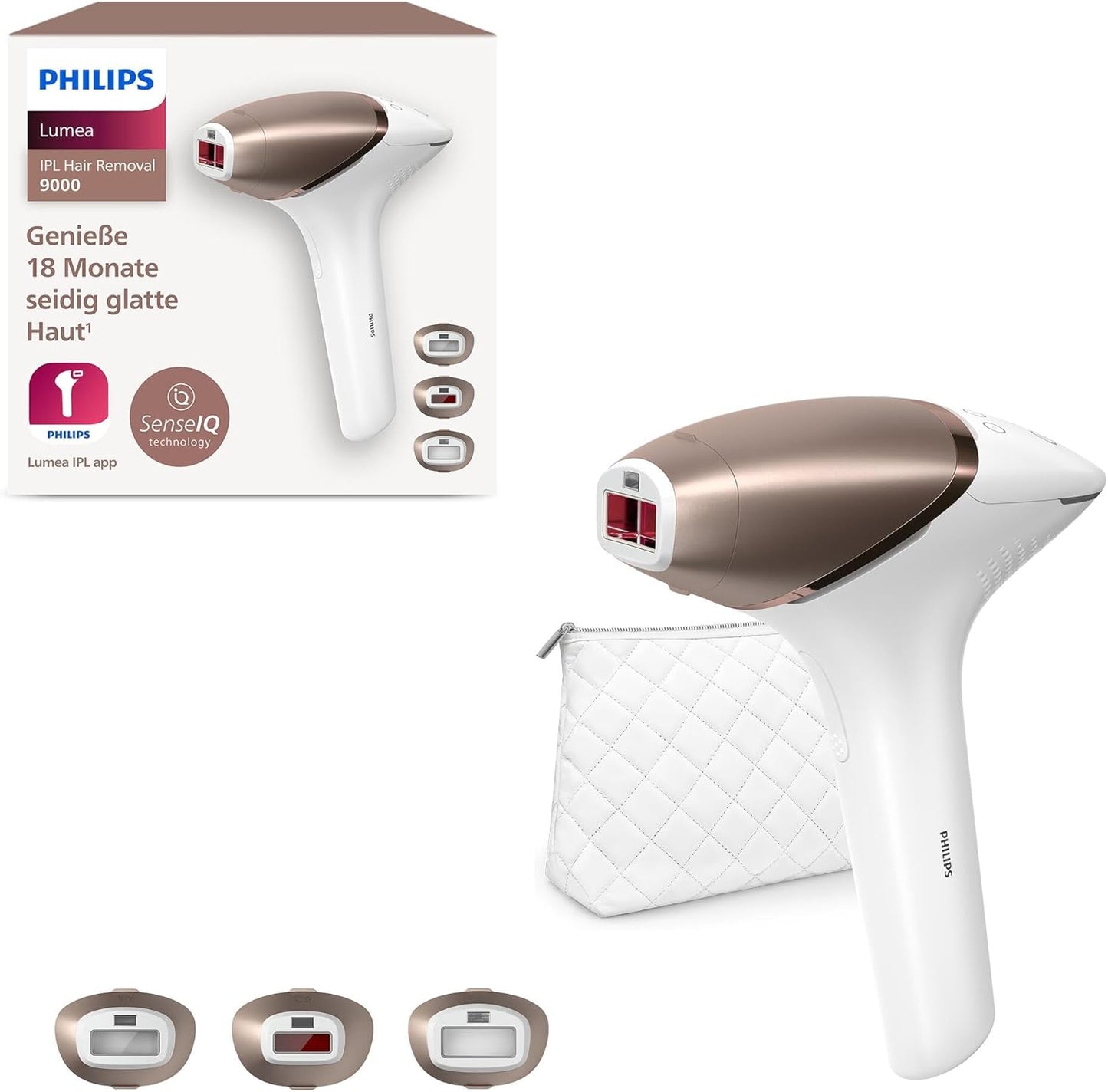 Philips Lumea IPL Haarentfernungsgerät 9000 Series – Haarentfernungsgerät mit SenseIQ Technologie, 3 Aufsätze für Körper, Gesicht und Präzision, kabellos (Modell BRI955/00)