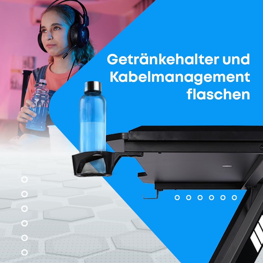 NK Gaming Schreibtisch LED (120X60cm) - Becher- und Flaschenhalter, Kopfhörerhalterung, Kabelmanagement, Gaming-Schreibtisch, Tischplatte 1.5cm (Belastbarkeit) Maximal Unterstütztes Gewicht 100kg