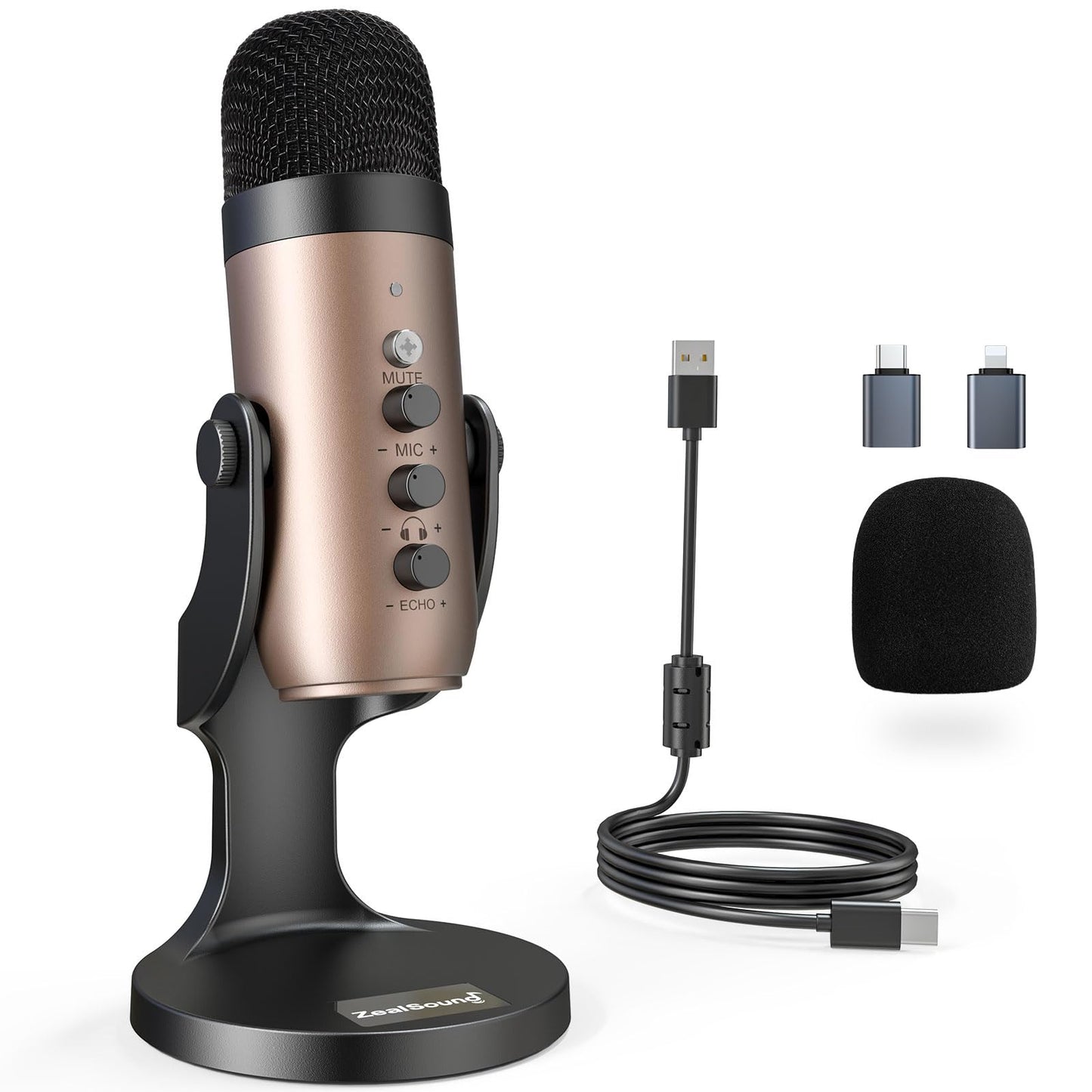zealsound USB Mikrofon, Kondensator Mikrofon für PC Handy, PS4, PS5, Microphone PC USB C für Gaming, Podcast,Aufnahmen,Streaming,ASMR mit Stumm/Gain/Echo, Adapter für Phone,Kompatibel mit Mac, Winows