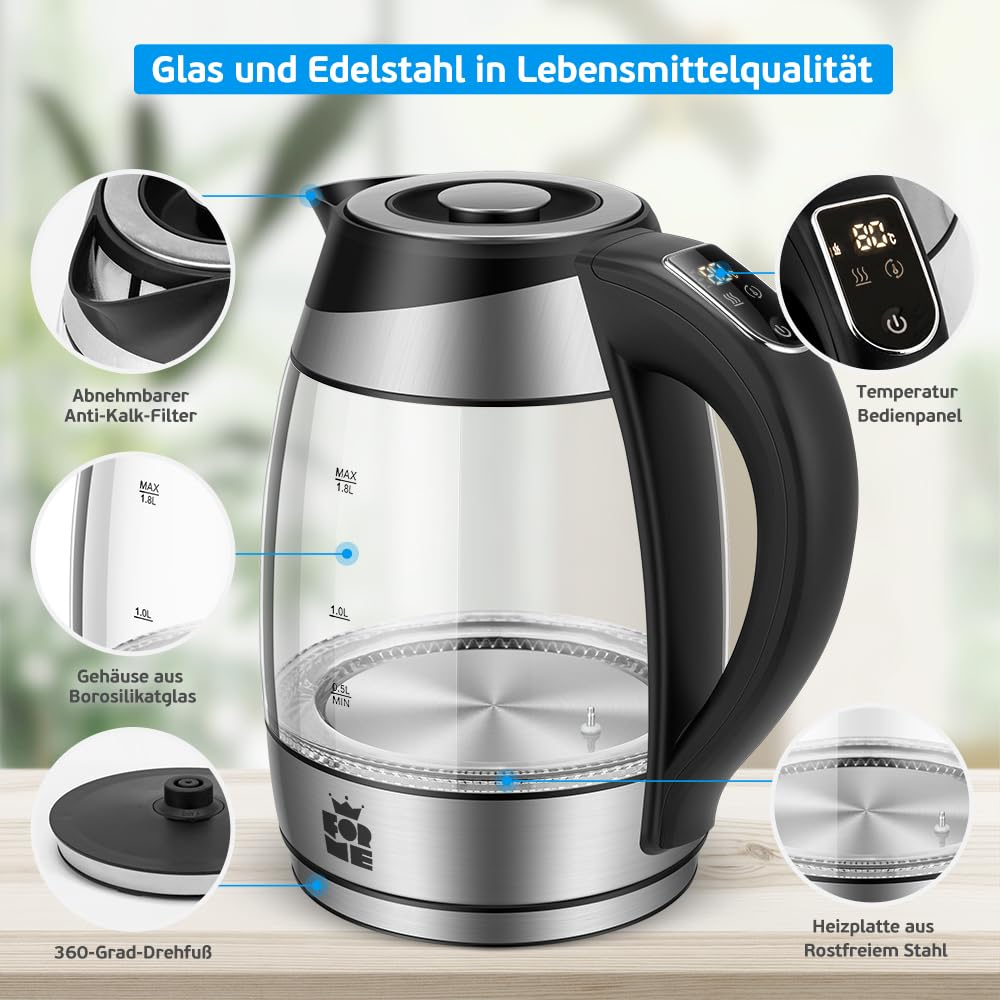 ForMe Glas Wasserkocher 1,8 Temperatureinstellung Temperaturwahl 40°C-100°C Farbwechsel LED I BPA FREI I Temperatur Einstellbar Teekocher Glaskessel Teekessel Glaswasserkocher mit Warmhaltefunktion
