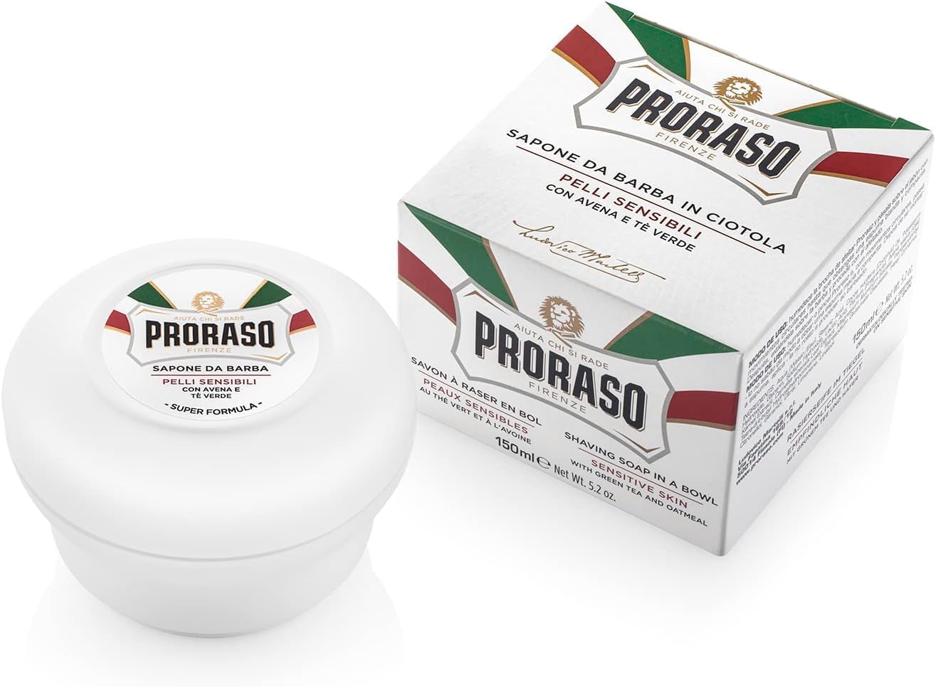 Proraso Shaving Soap inklusive Seifenschale, 150 ml, hautschonende Rasierseife für Herren mit Grünem Tee & Hafer, Rasiercreme für sensible Haut, Made in Italy, Weiss