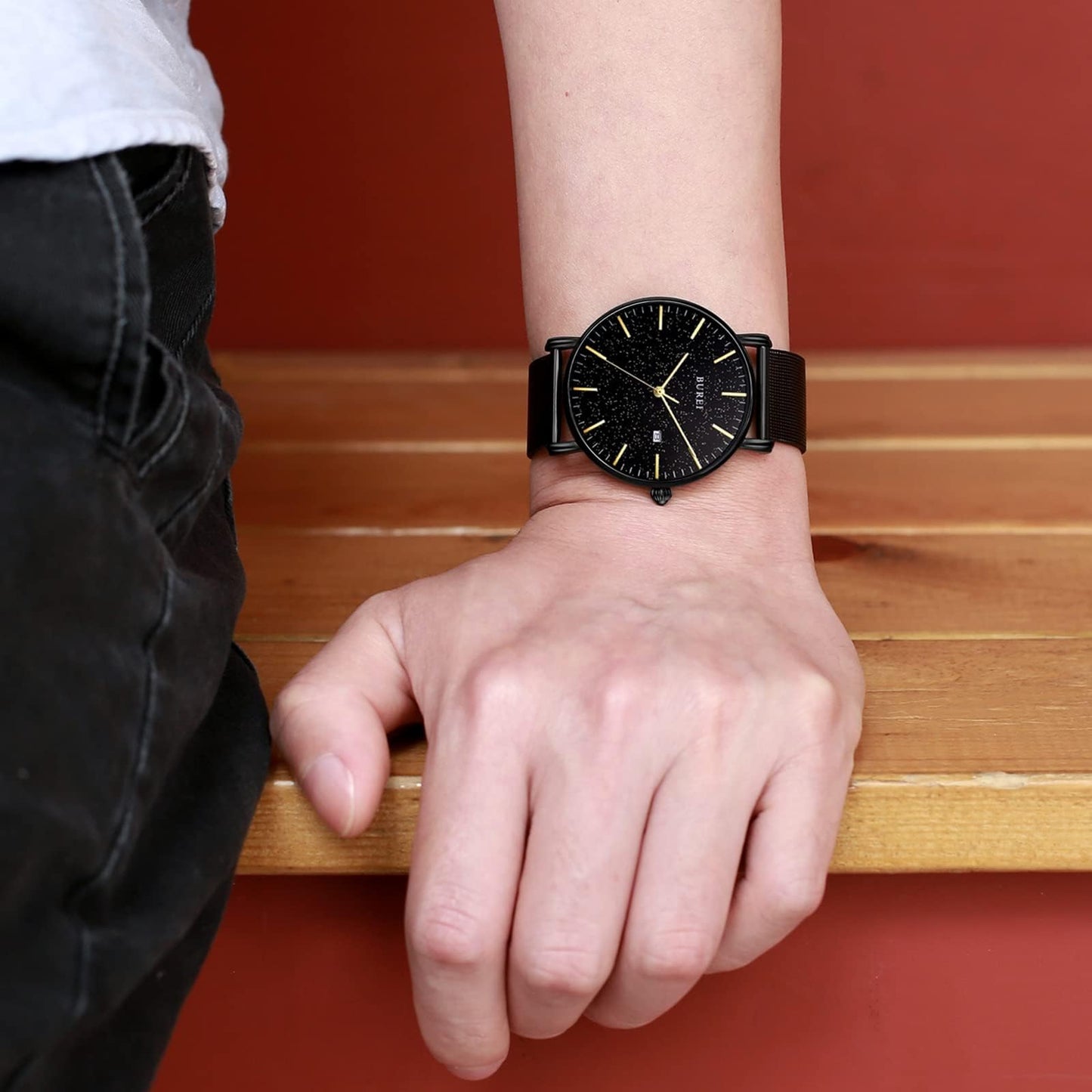 BUREI Ultra Dünne Uhren Herren Schwarze Analoges Datum Armbanduhr Herren mit Japanisches Quarzwerk, Geschenke für Männer