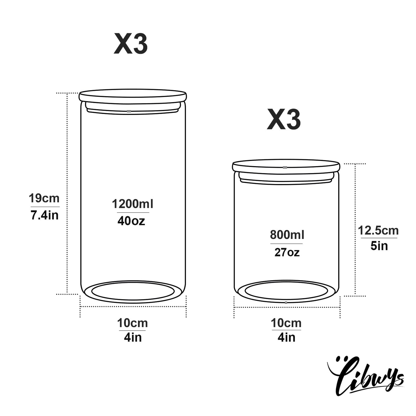 LIBWYS 12er Set Vorratsgläser mit Deckel Eckig Vorratsdose Glas - in 3 Größen: 720ml;1150 ml; 1580 ml - 12pcs Plus Edition