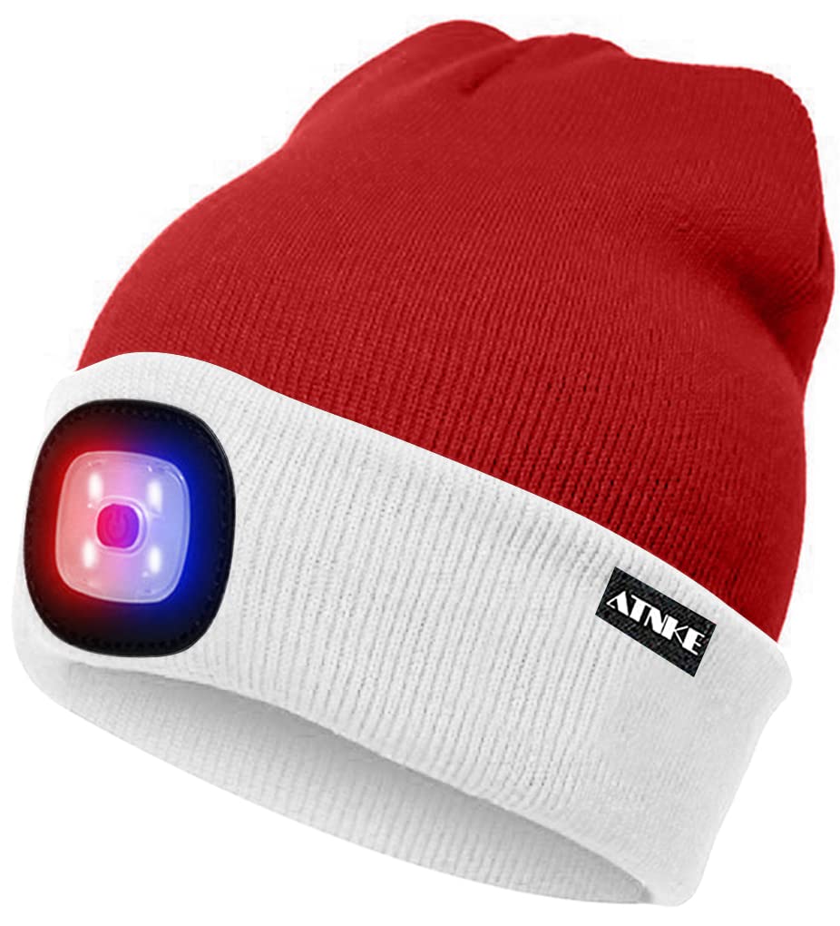 ATNKE LED Beleuchtete Mütze,Wiederaufladbare USB 4 LED Rot und Blau Leuchten Blinkender Laufmütze mit Licht Extrem Heller Lampe Winter Warme für Herren und Damen Geschenke