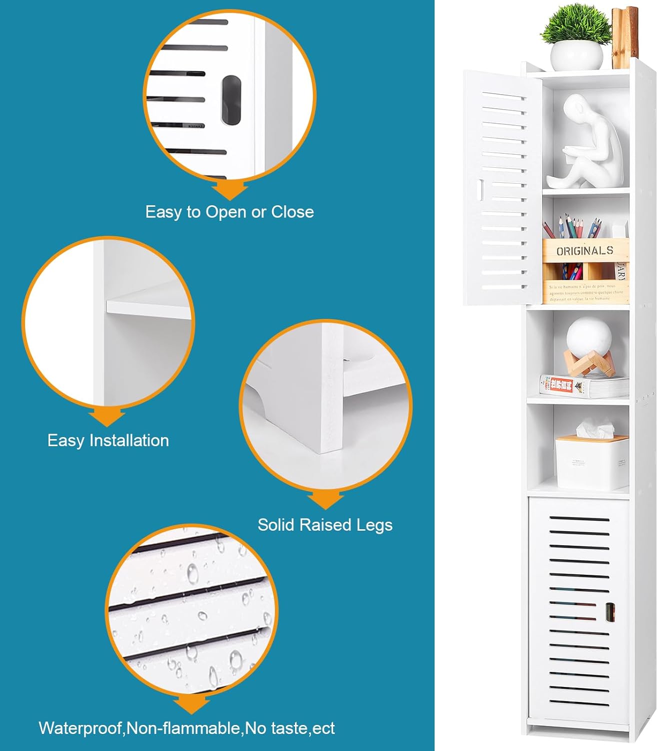 AIKTOTA Bathroom Cabinet, Freestanding Storage Cabinet with Door and Shutters, Waterproof Bathroom Furniture Cabinet for Living Room, Bedroom, Kitchen, etc., White (26 x 22 x 118 cm)