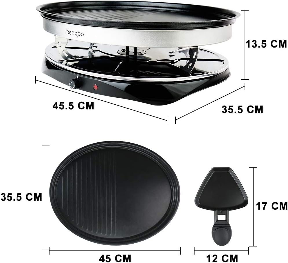 Raclette 8 Personen -Grillplatte mit Antihaftbeschichtung, Temperaturregulierung,Ideal für Indoor-Grillen|Inkl. 8 Raclette-Pfännchen &Holzspachtel|Schnellaufheizend & Spülmaschinengeeignet (Ø40cm)
