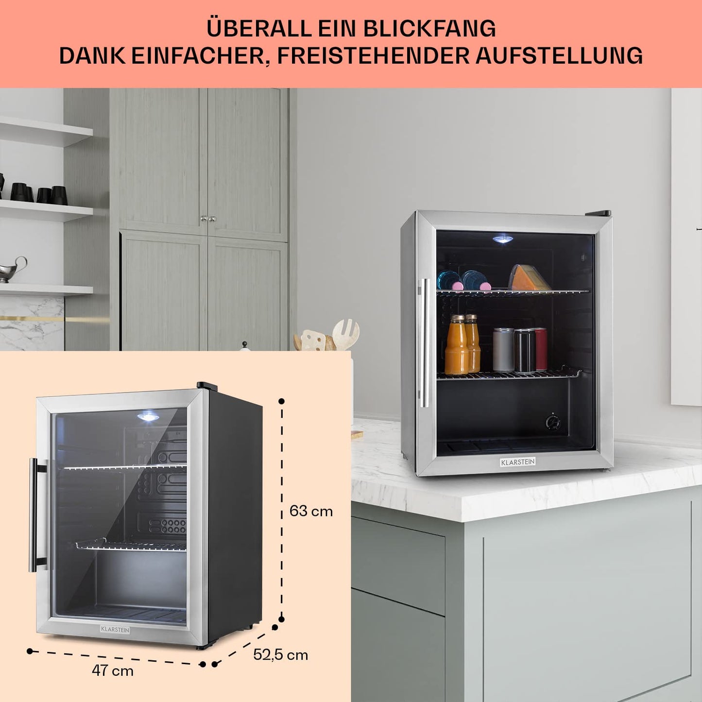 Klarstein Mini Fridge with Glass Door, Mini, for Room, Drinks Fridge Small with Adjustable Shelves, with Waveform Racks, 60 Liter Refrigerator Quiet
