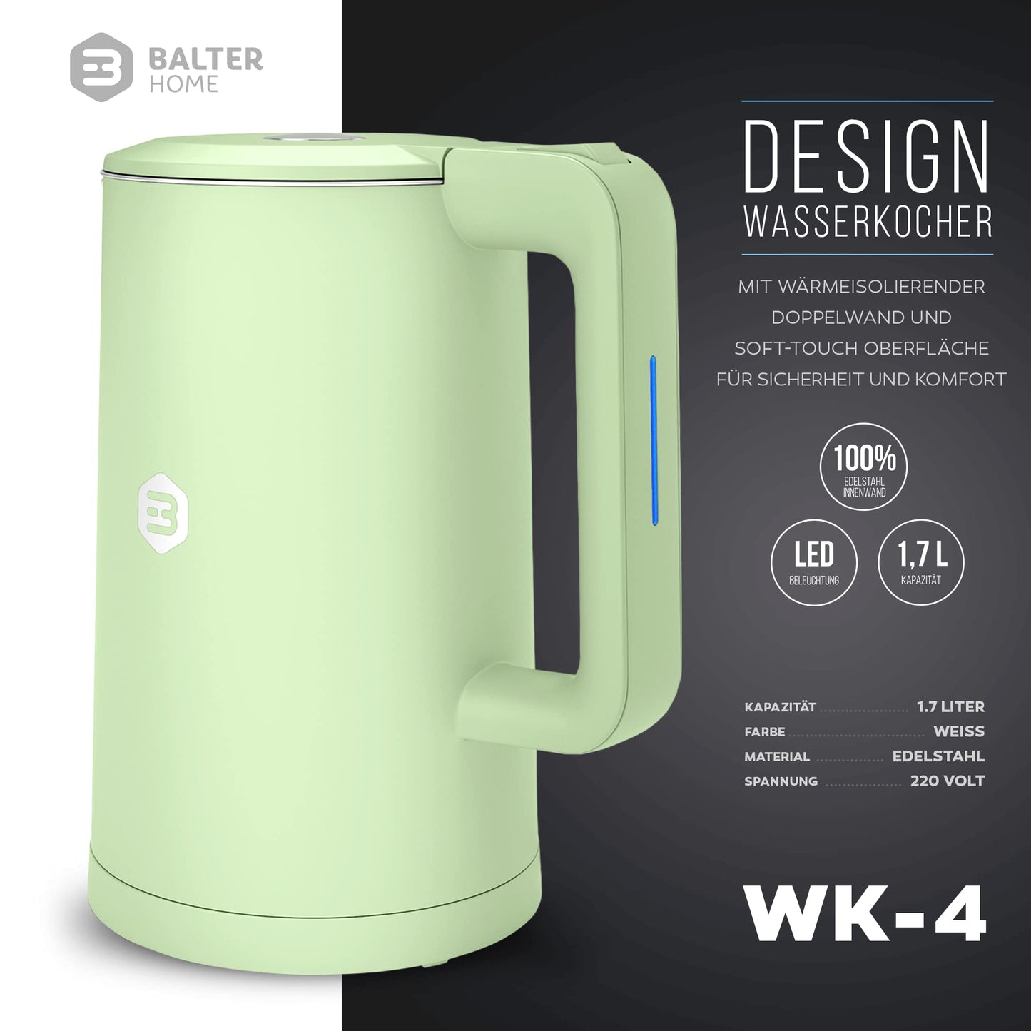 Balter Wasserkocher Edelstahl WK-4, 1,7 Liter, elektrischer Wasserkocher, Doppelwand Design, BPA frei, LED, Teekocher Kompakt, leise (Schwarz)